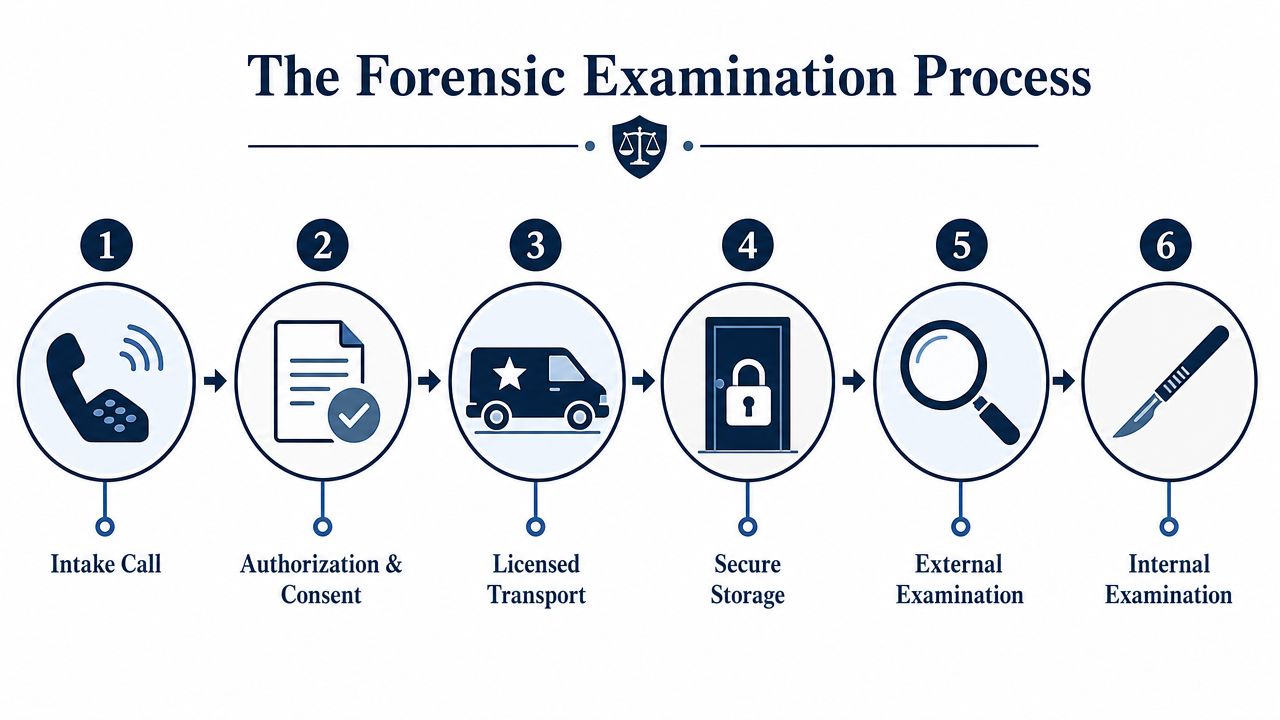 A diagram illustrating the six step forensic examination process from the initial intake call to internal examination.
