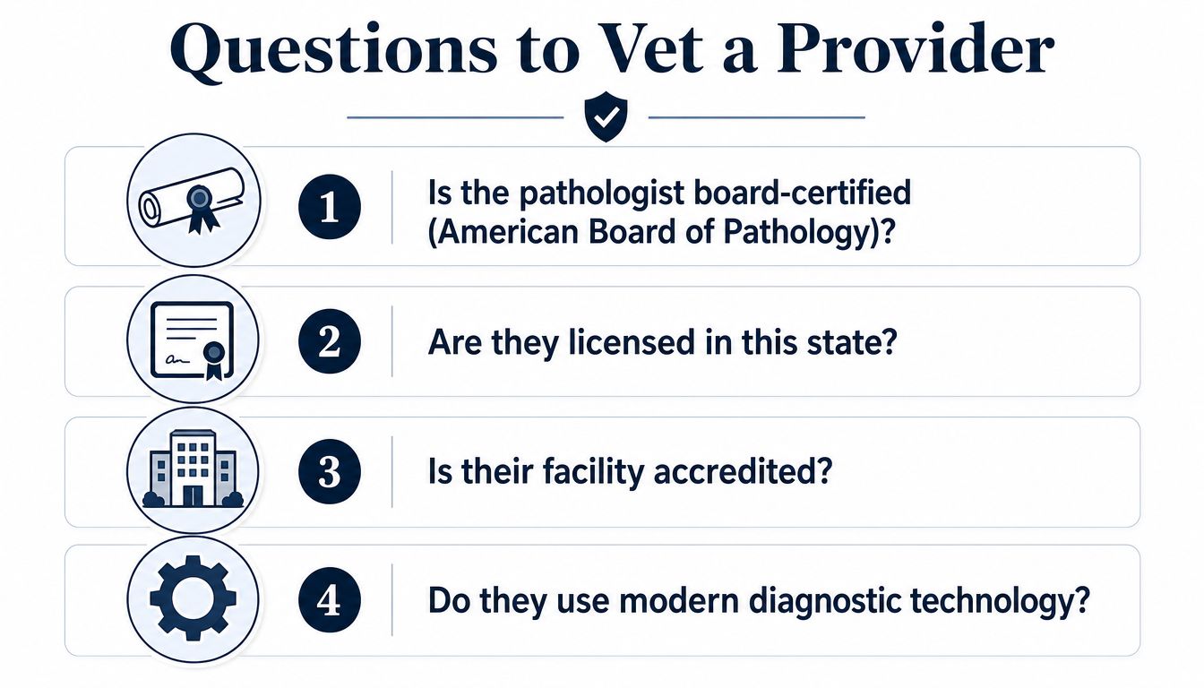 A checklist infographic titled Questions to Vet a Provider for pathology and medical diagnostic services.