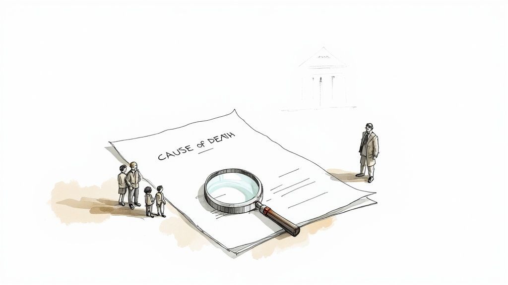A group and a man review 'CAUSE OF DEATH' document with a magnifying glass, suggesting investigation.