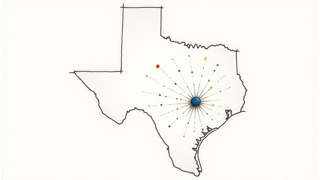 Artistic map of Texas with a central blue node connecting to multiple colorful points.