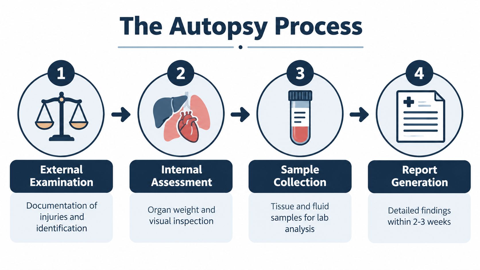 A four-step infographic illustrating the forensic autopsy process from external examination to final report generation.