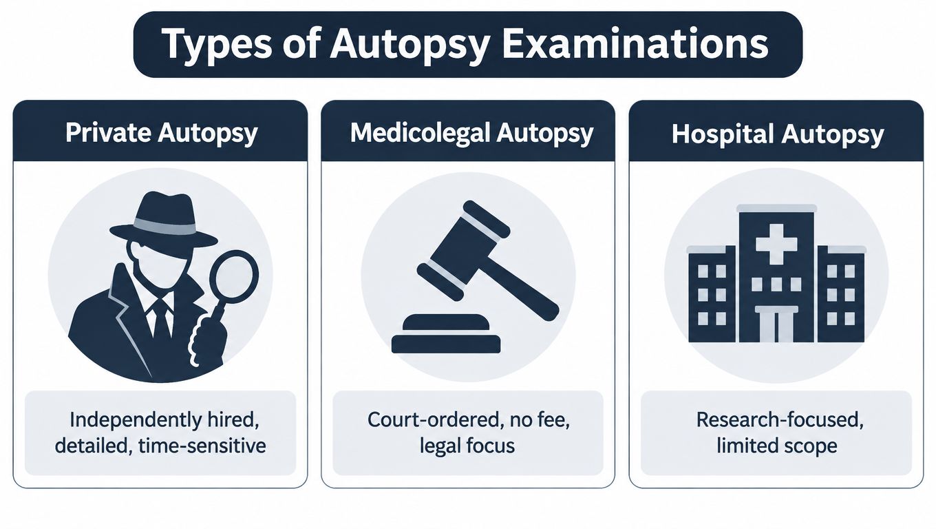 A diagram displaying three types of autopsy examinations: Private Autopsy, Medicolegal Autopsy, and Hospital Autopsy with descriptions.
