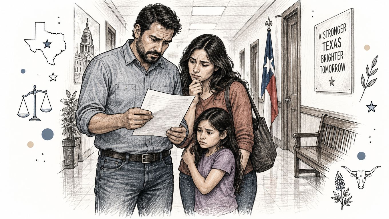 A family of three appears concerned while reading a document inside a Texas government office building hallway.