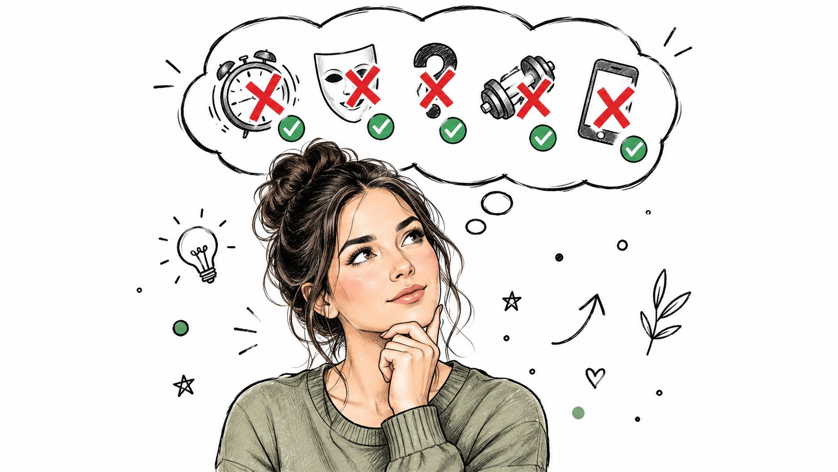 A line art illustration of a woman contemplating symbols of life priorities, represented by crossed-out icons in a thought bubble.