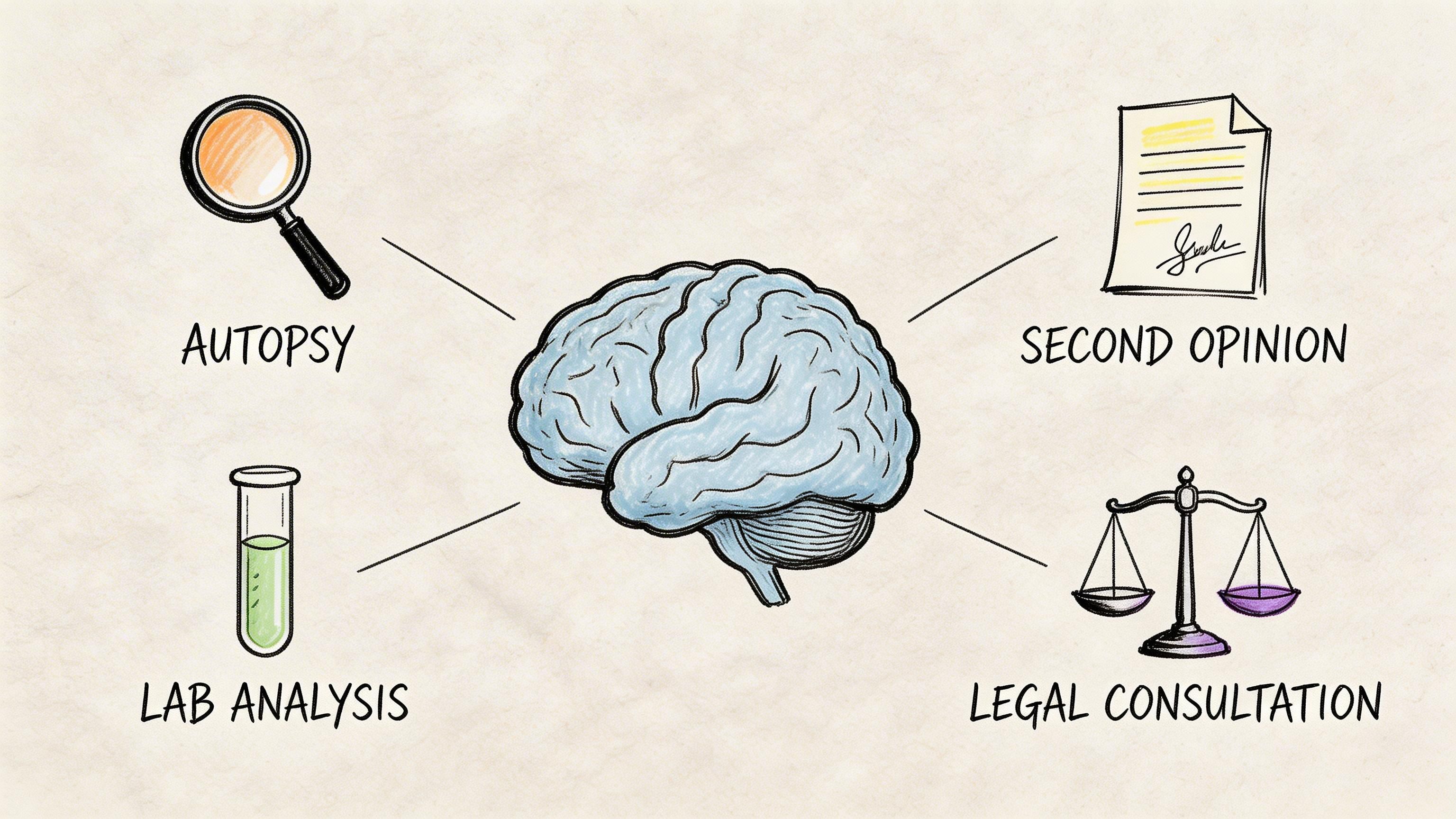 A diagram illustrating forensic brain investigation methods including autopsy, lab analysis, second opinion, and legal consultation services.