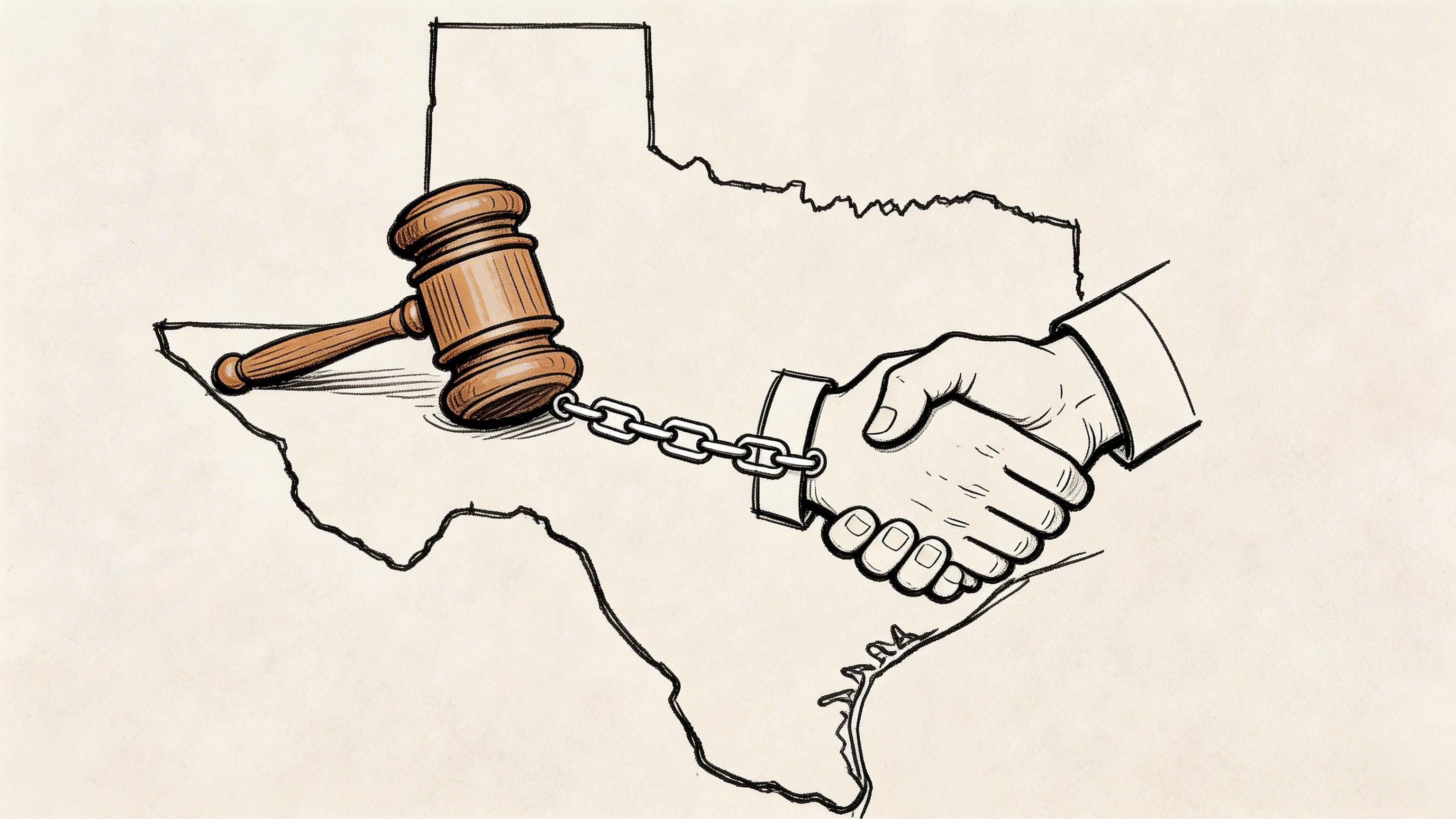 A gavel and a handshake are connected by a chain over a map of Texas.