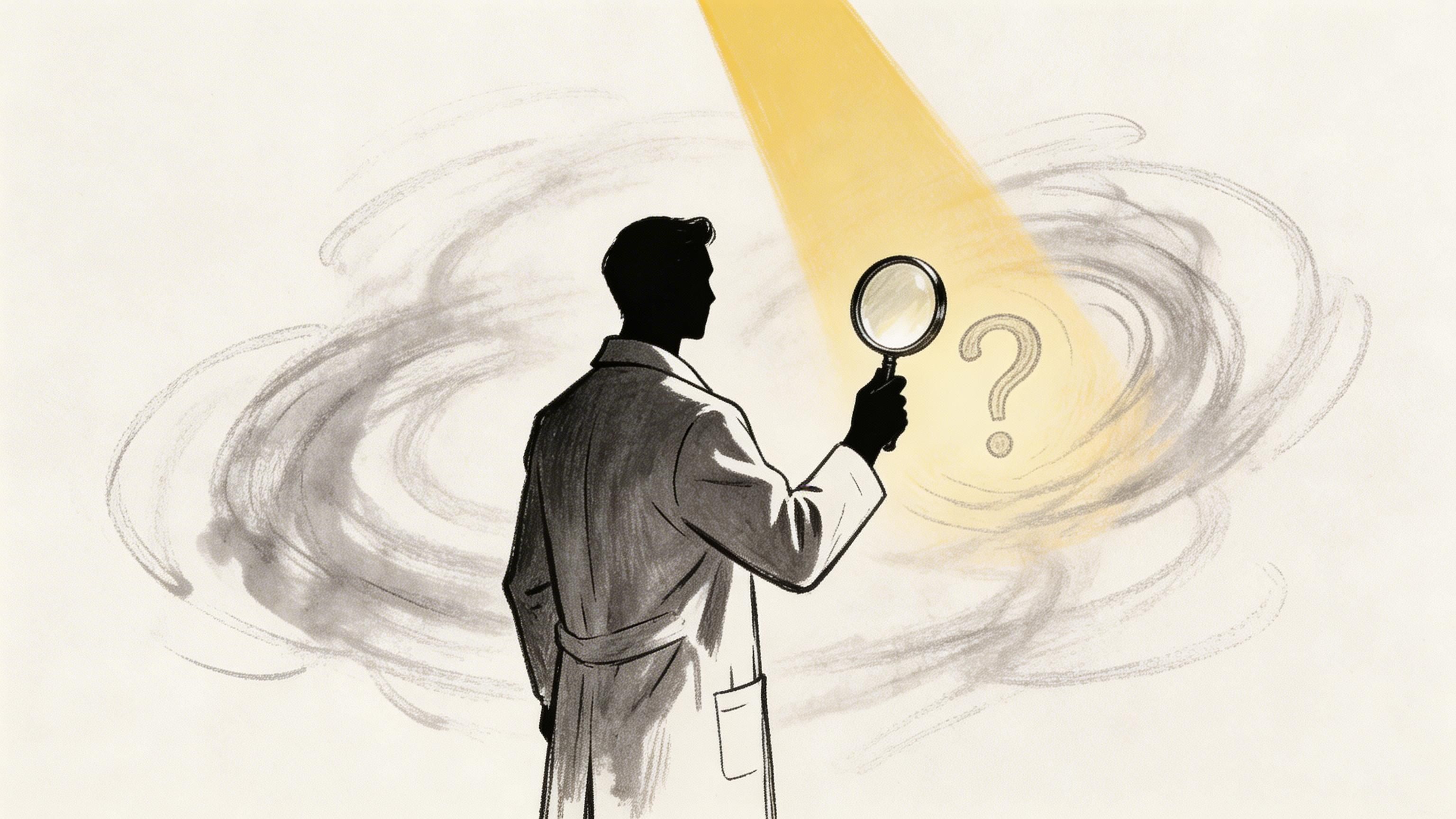 A silhouette of a scientist in a lab coat examining a question mark with a magnifying glass.