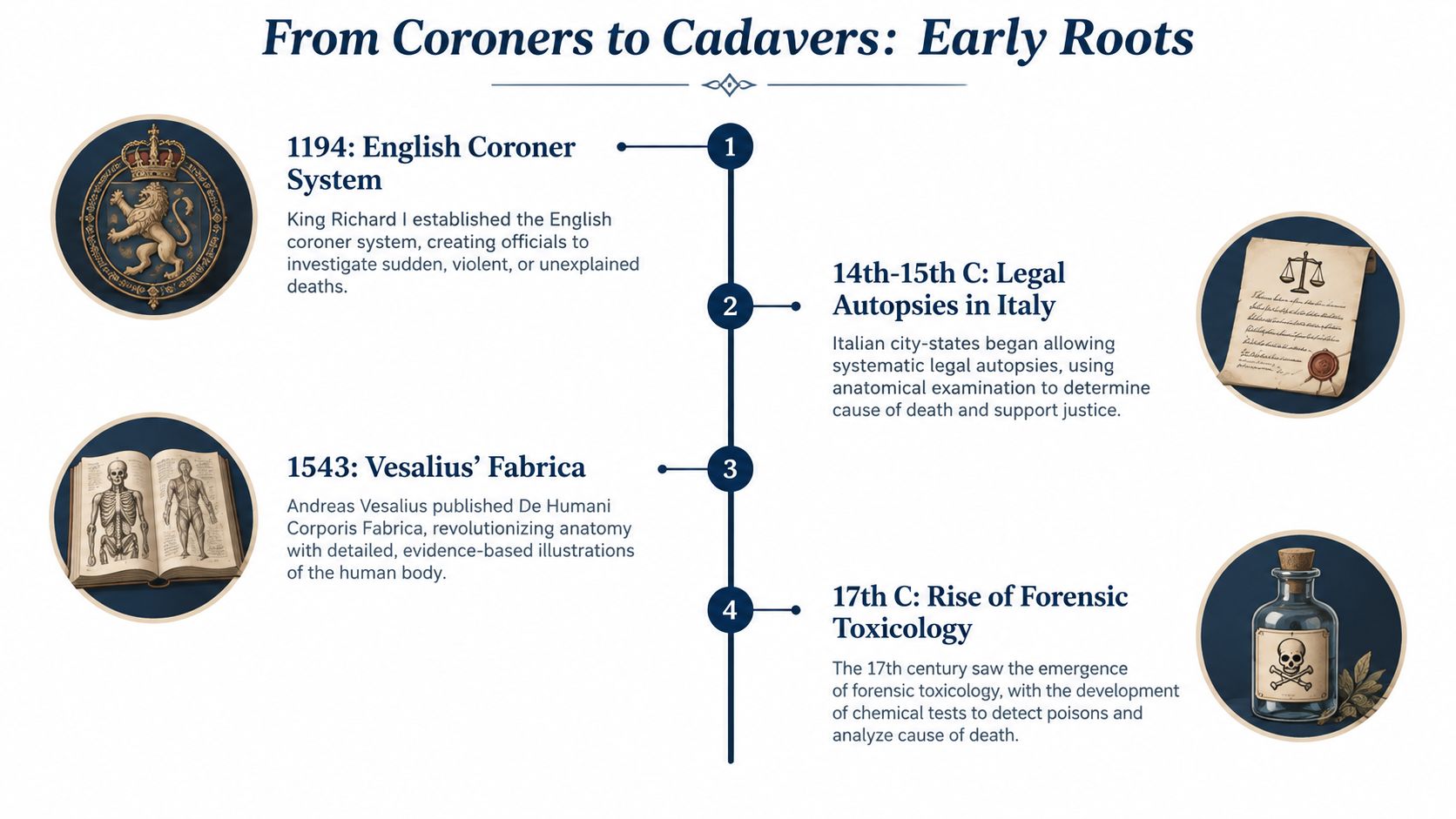 A timeline graphic illustrating the historical development of forensic science from 1194 to the 17th century.