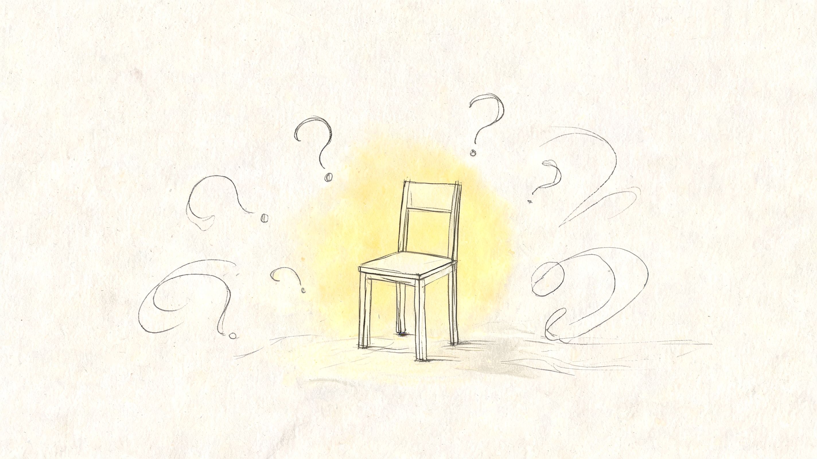 A pencil sketch of an empty wooden chair illuminated with a yellow glow and surrounded by question marks.