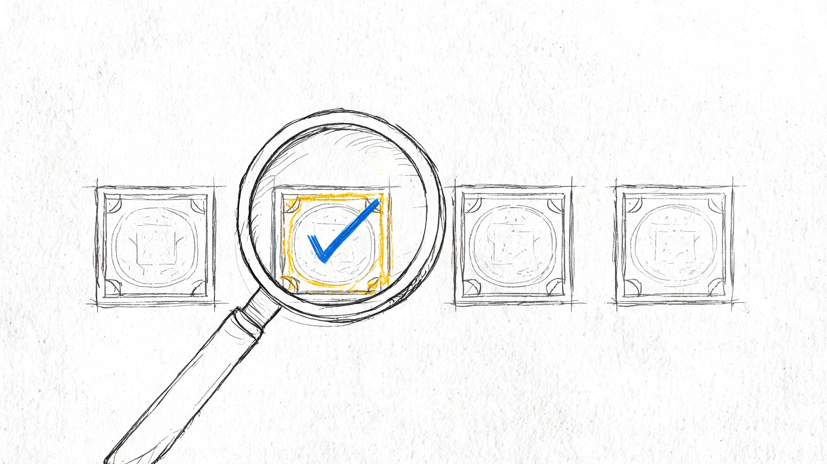 A pencil sketch of a magnifying glass inspecting one of four square icons featuring a check mark.