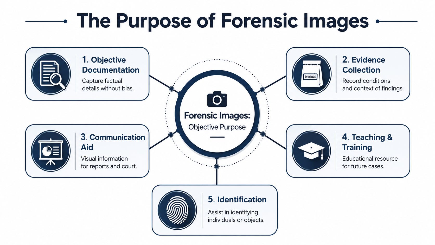 A diagram outlining five key purposes of forensic photography including documentation, evidence collection, communication, training, and identification.