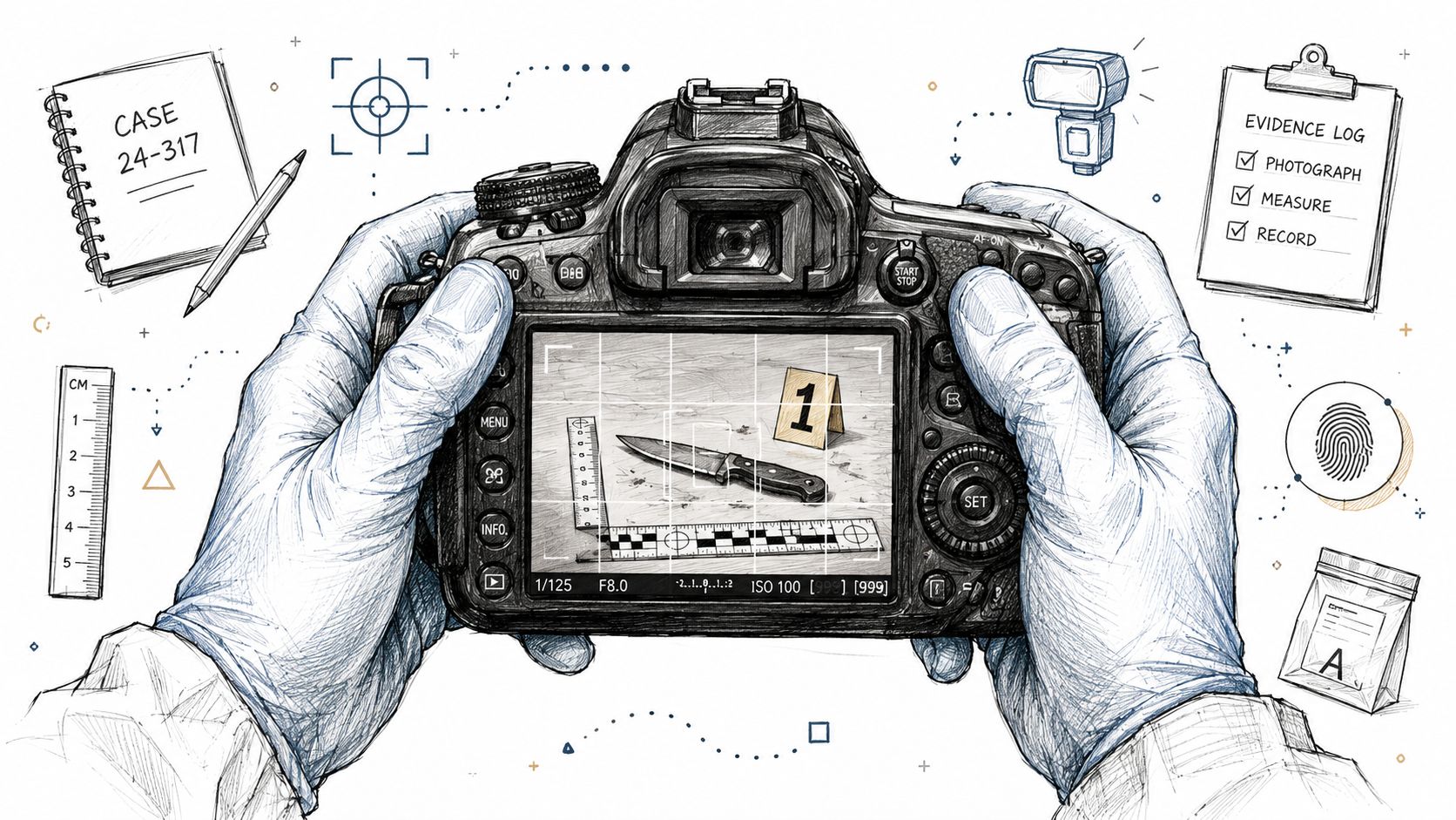 A hand-drawn illustration of gloved hands holding a DSLR camera photographing a knife crime scene evidence.