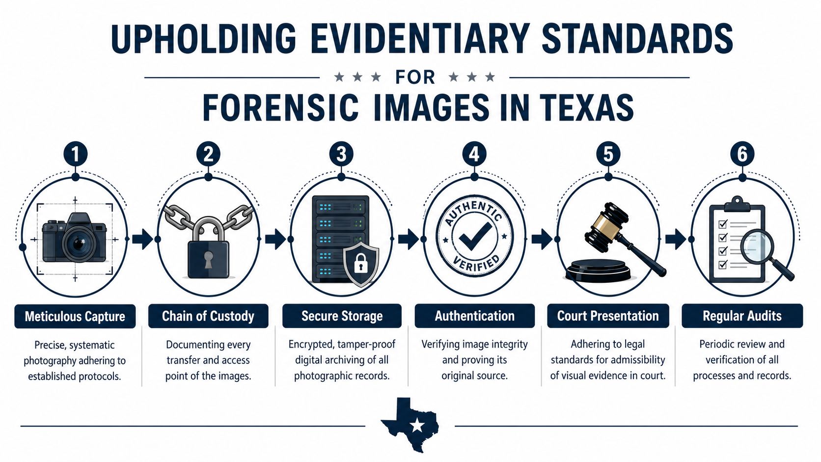 An infographic showing six essential steps for maintaining evidentiary standards for forensic images in Texas.