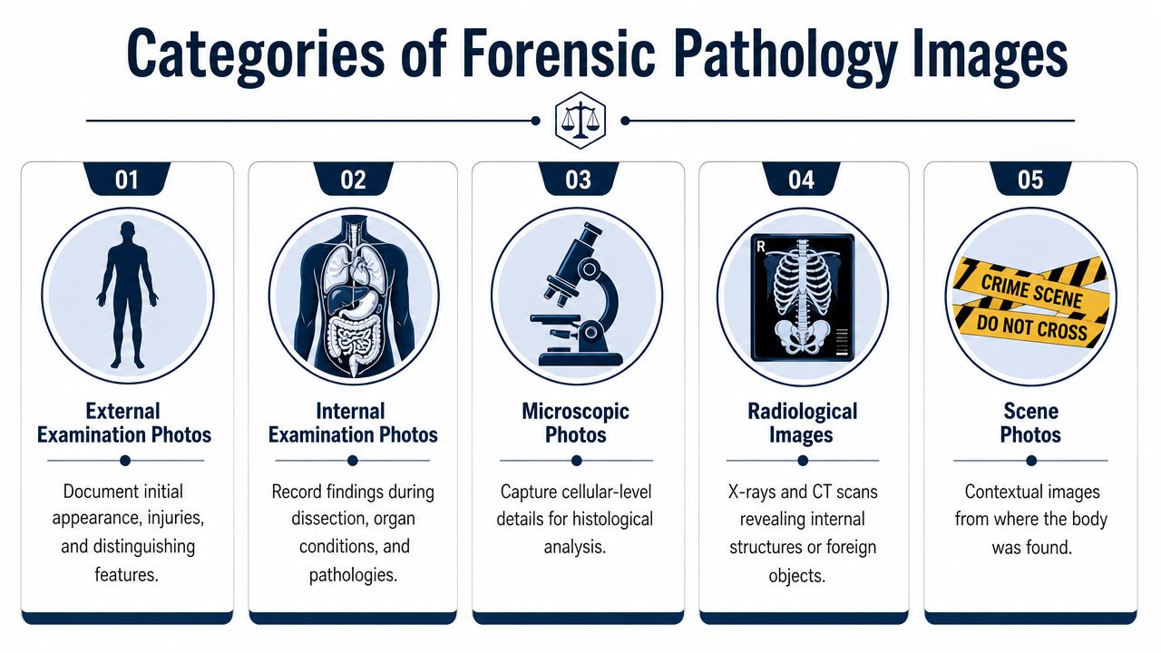 An infographic showing five categories of forensic pathology images including examination, microscopic, radiological, and crime scene photos.