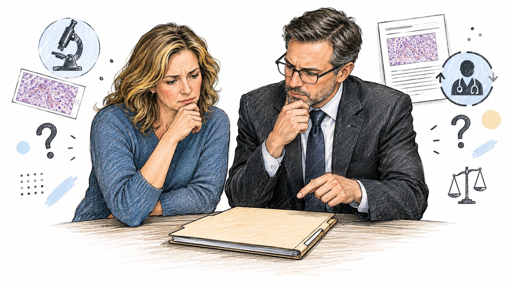 A concerned woman and a professional consultant examine medical documents and pathology slides at a desk.