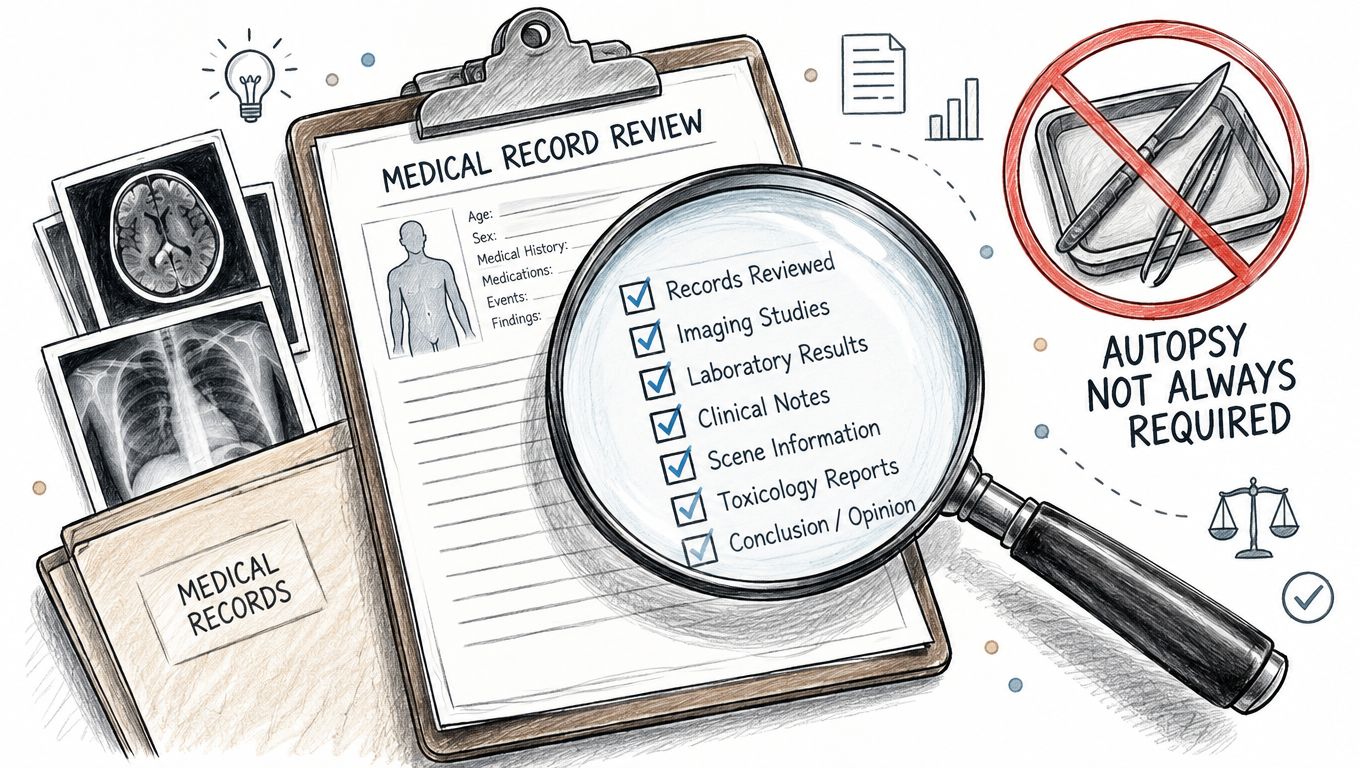 A clipboard showing a medical record review process with a magnifying glass over a checklist of investigative items.