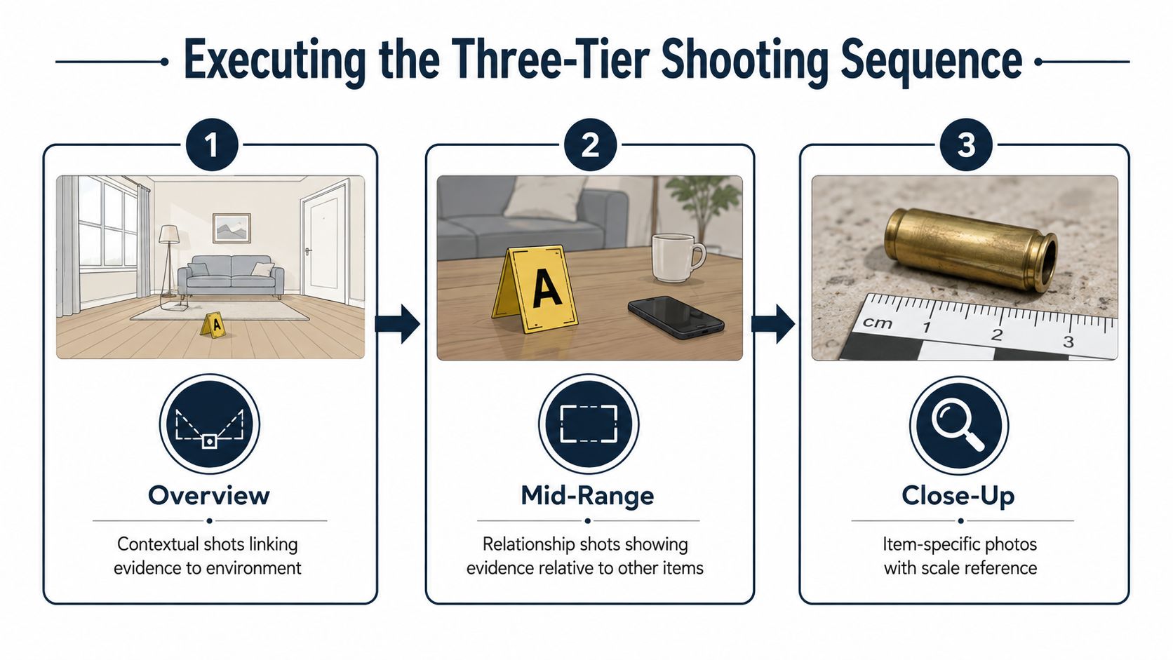 A diagram demonstrating the three-tier forensic photography sequence using overview, mid-range, and close-up evidentiary shots.
