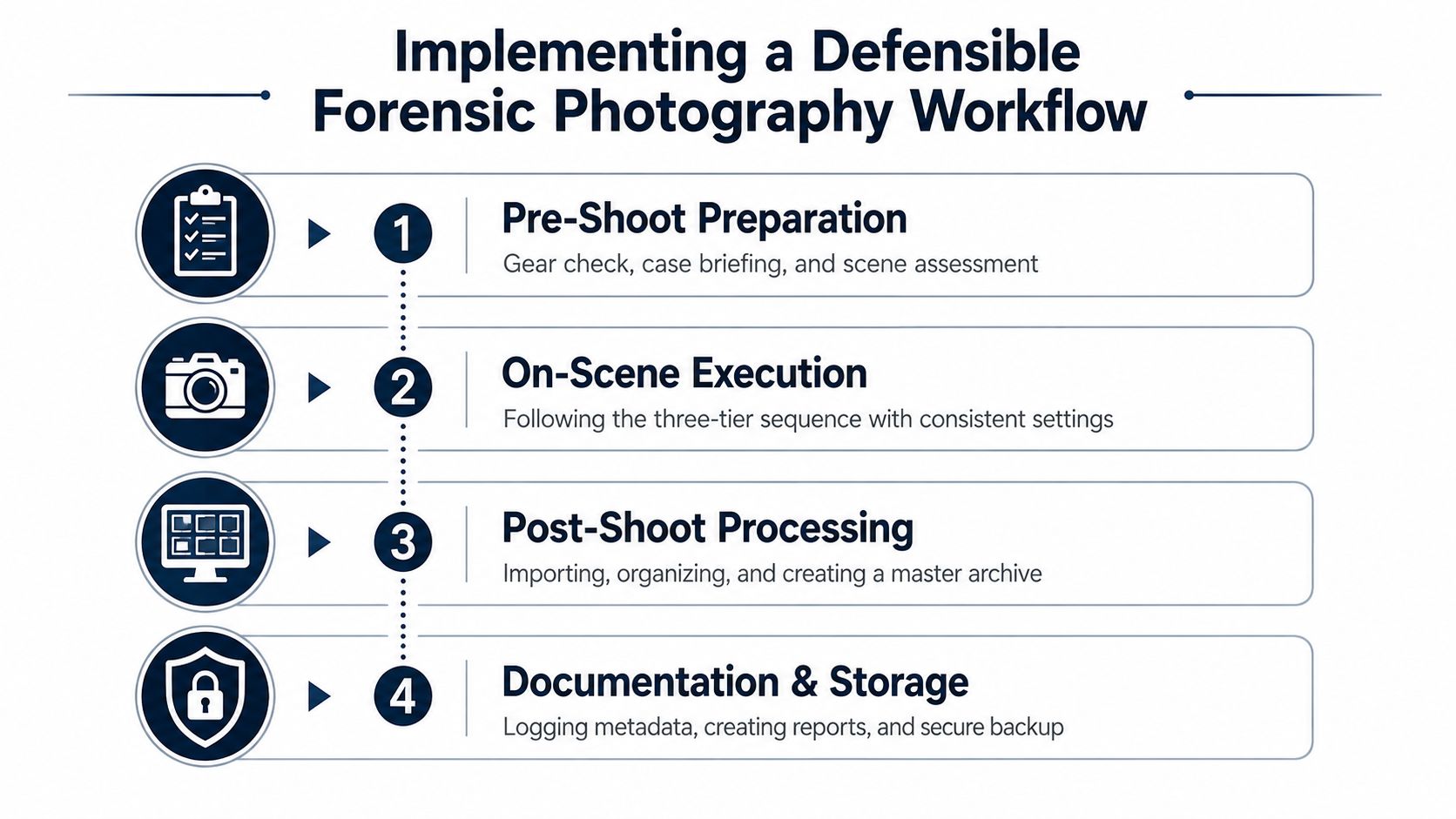 A four-step infographic illustrating a workflow for implementing a defensible and professional forensic photography process.