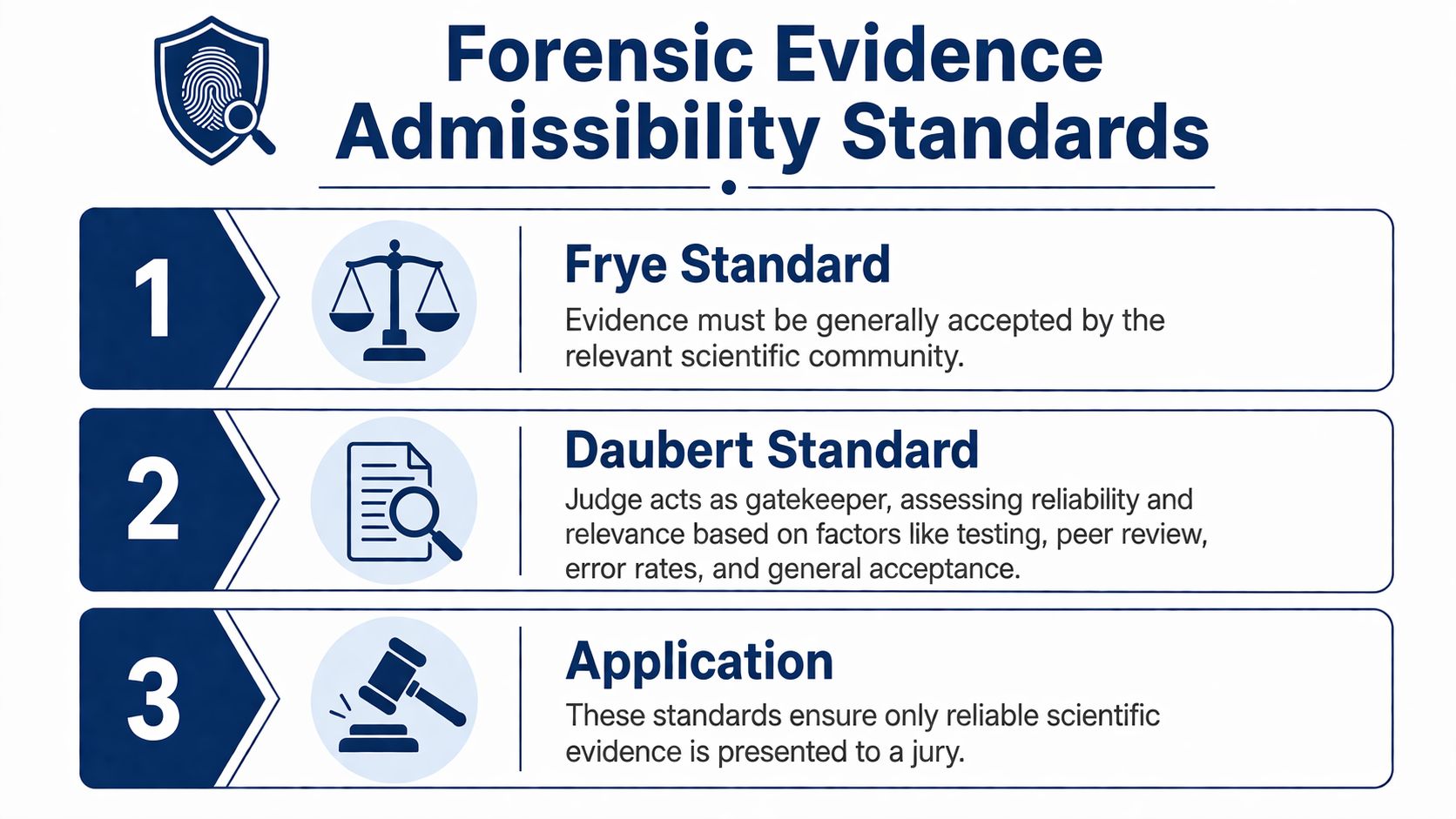 An infographic showing the Frye and Daubert standards for evaluating the admissibility of forensic scientific evidence in court.