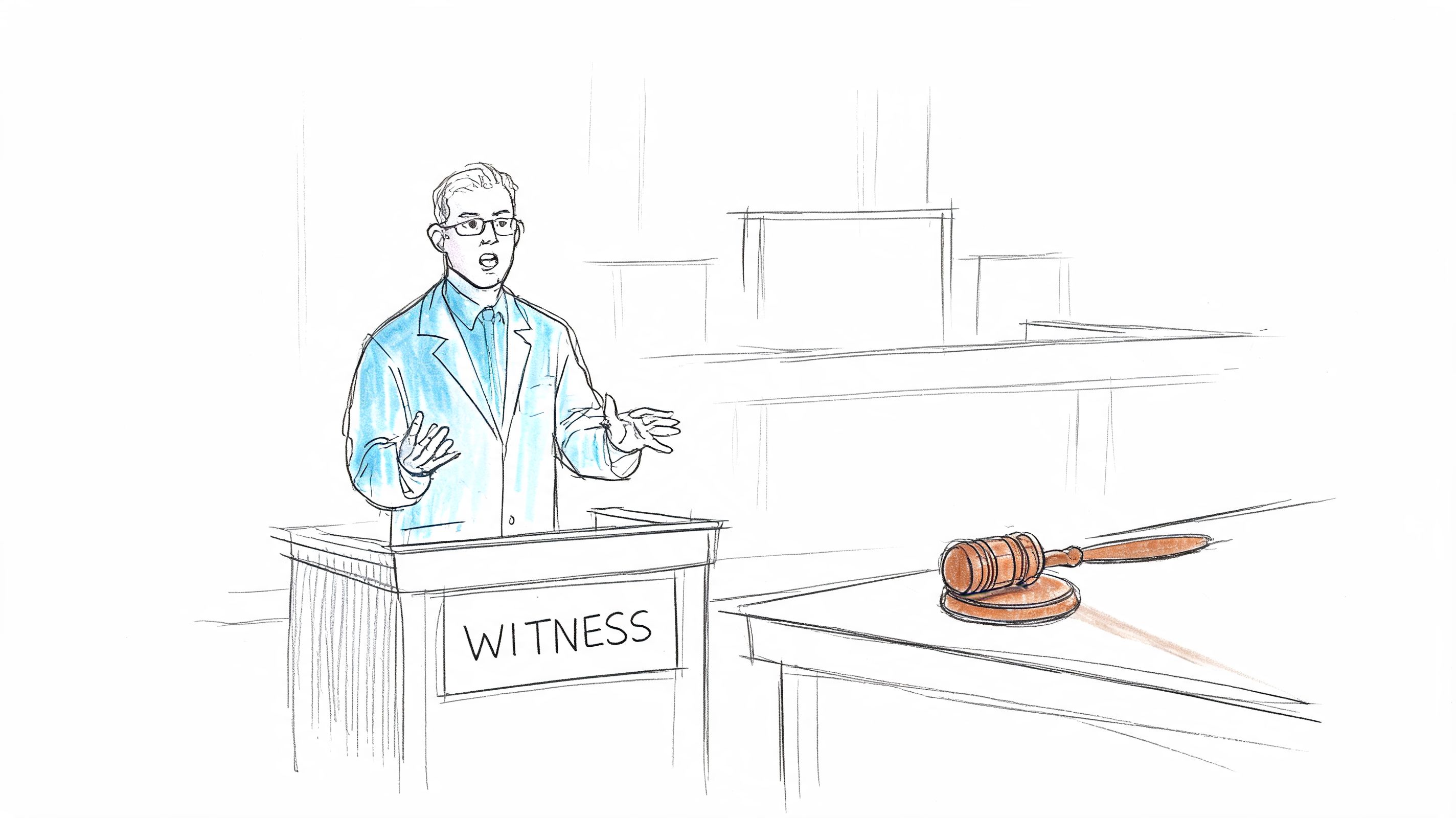A courtroom sketch showing a man in a lab coat testifying at a witness stand with a gavel.