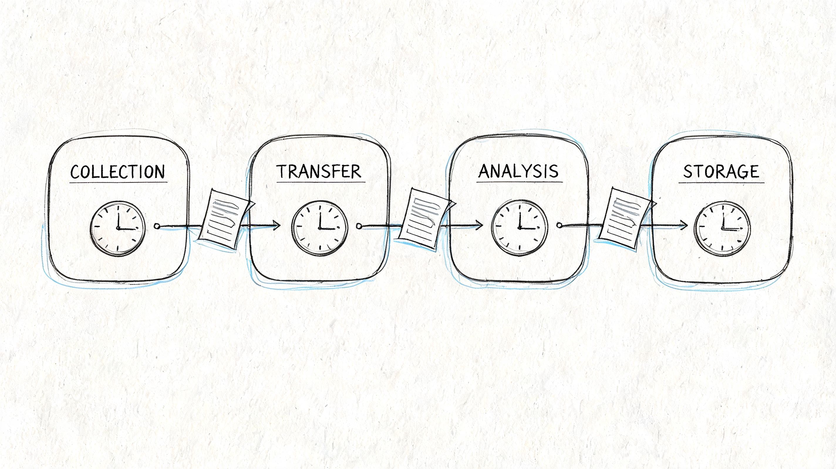 A hand-drawn flowchart illustrating the four steps of data processing: Collection, Transfer, Analysis, and Storage.