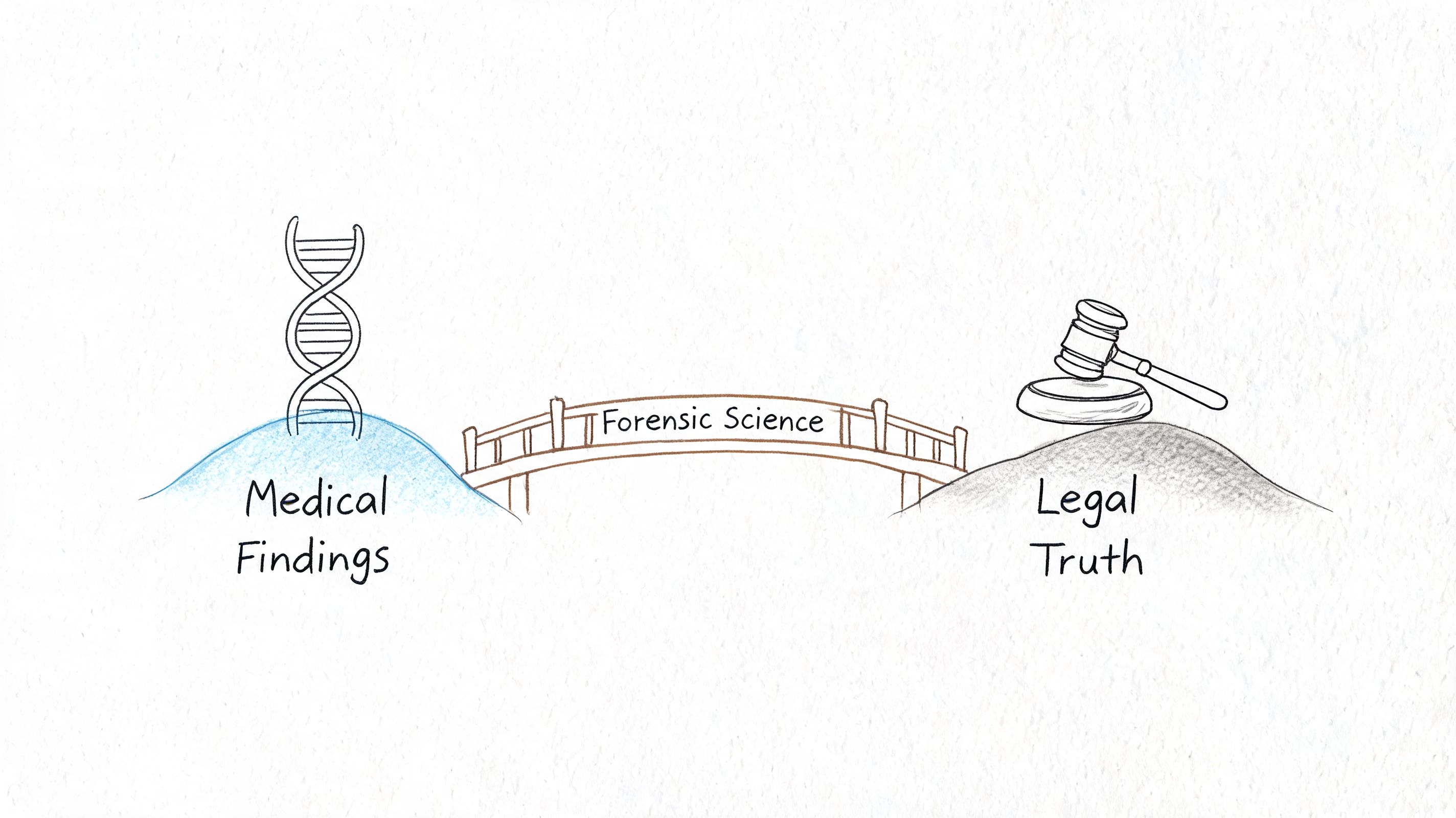 A conceptual illustration of a bridge representing forensic science connecting medical findings to legal truth.