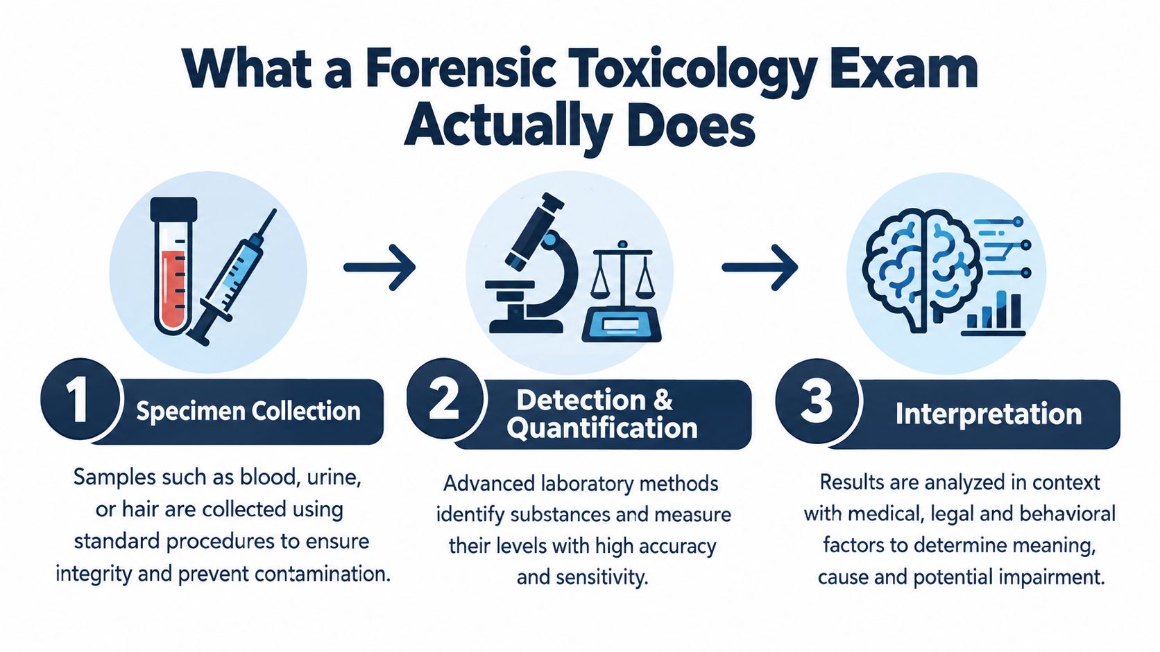 A diagram illustrating the three steps of a forensic toxicology exam: specimen collection, detection, and interpretation.