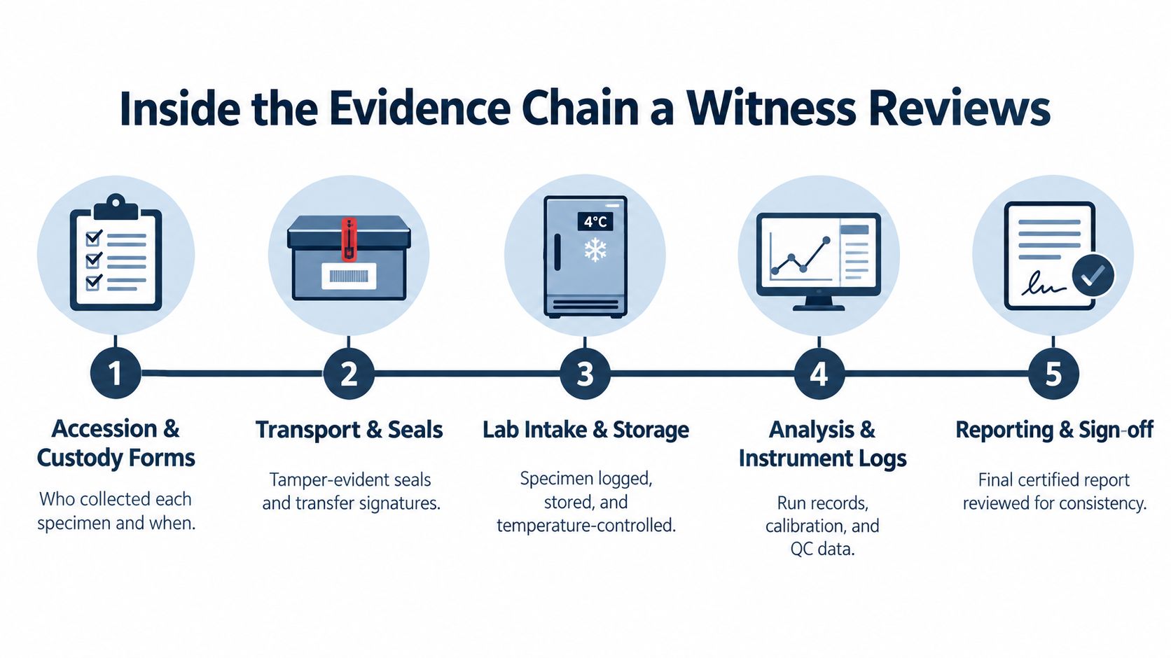 A five-step diagram illustrating the process of evidence chain documentation for forensic toxicology expert witness review.