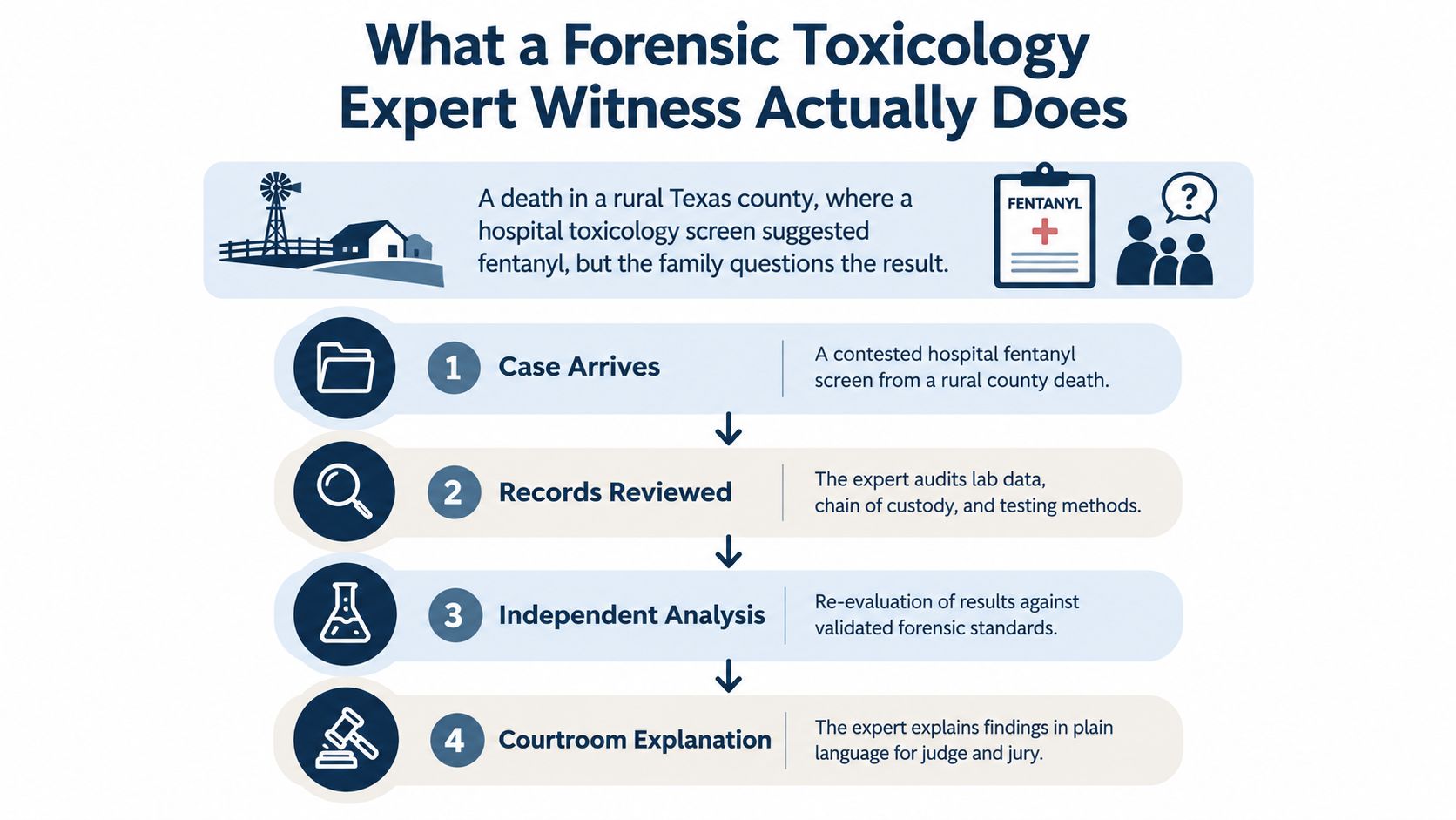 A diagram outlining the four-step process a forensic toxicology expert witness follows during a contested drug case.