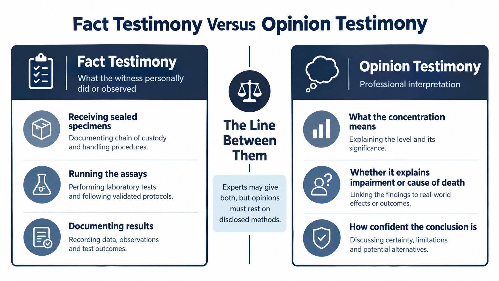 A comparison chart outlining the differences between fact testimony and opinion testimony in expert legal contexts.