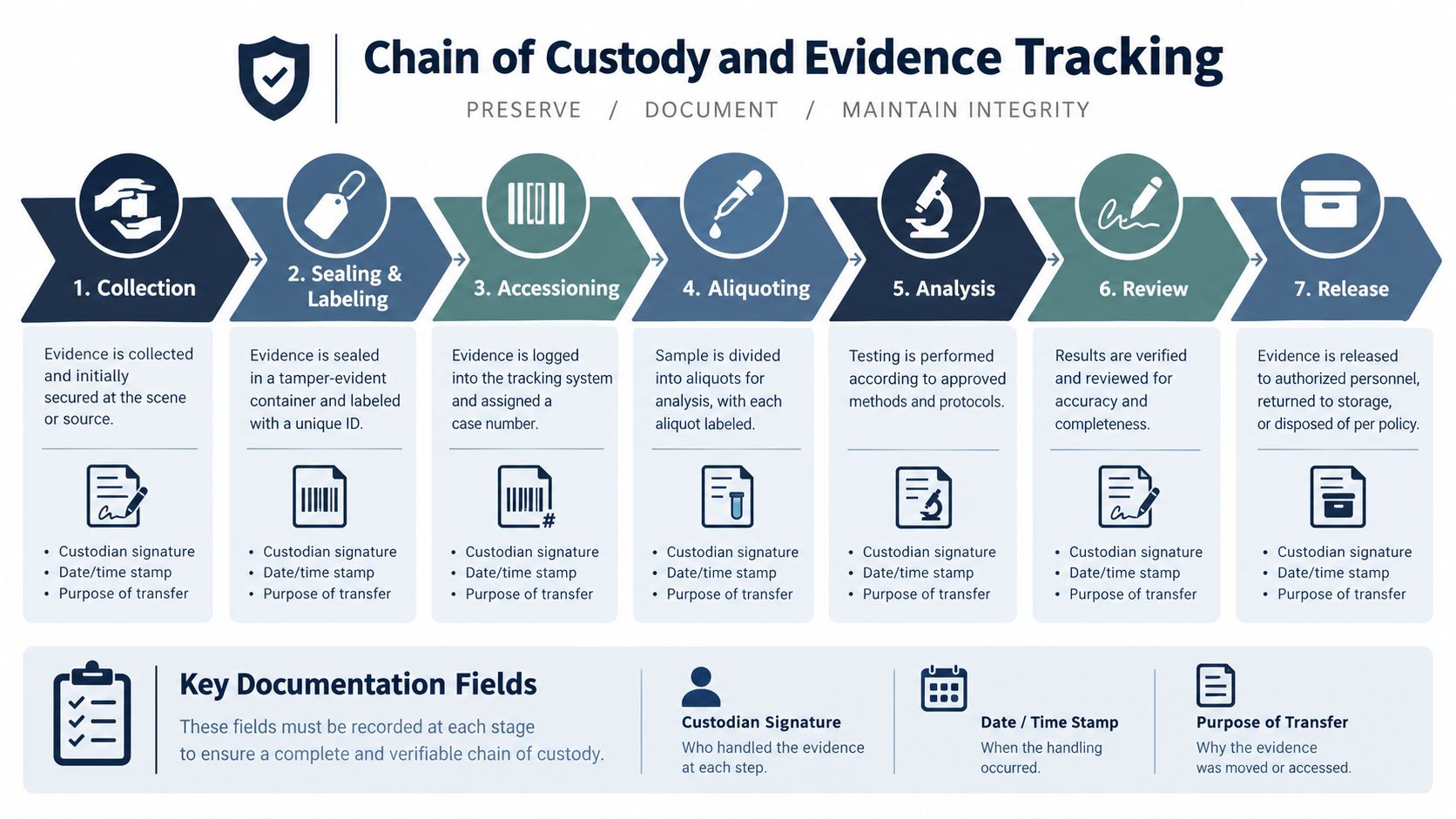 An infographic detailing the seven stages of the forensic chain of custody and evidence tracking process.