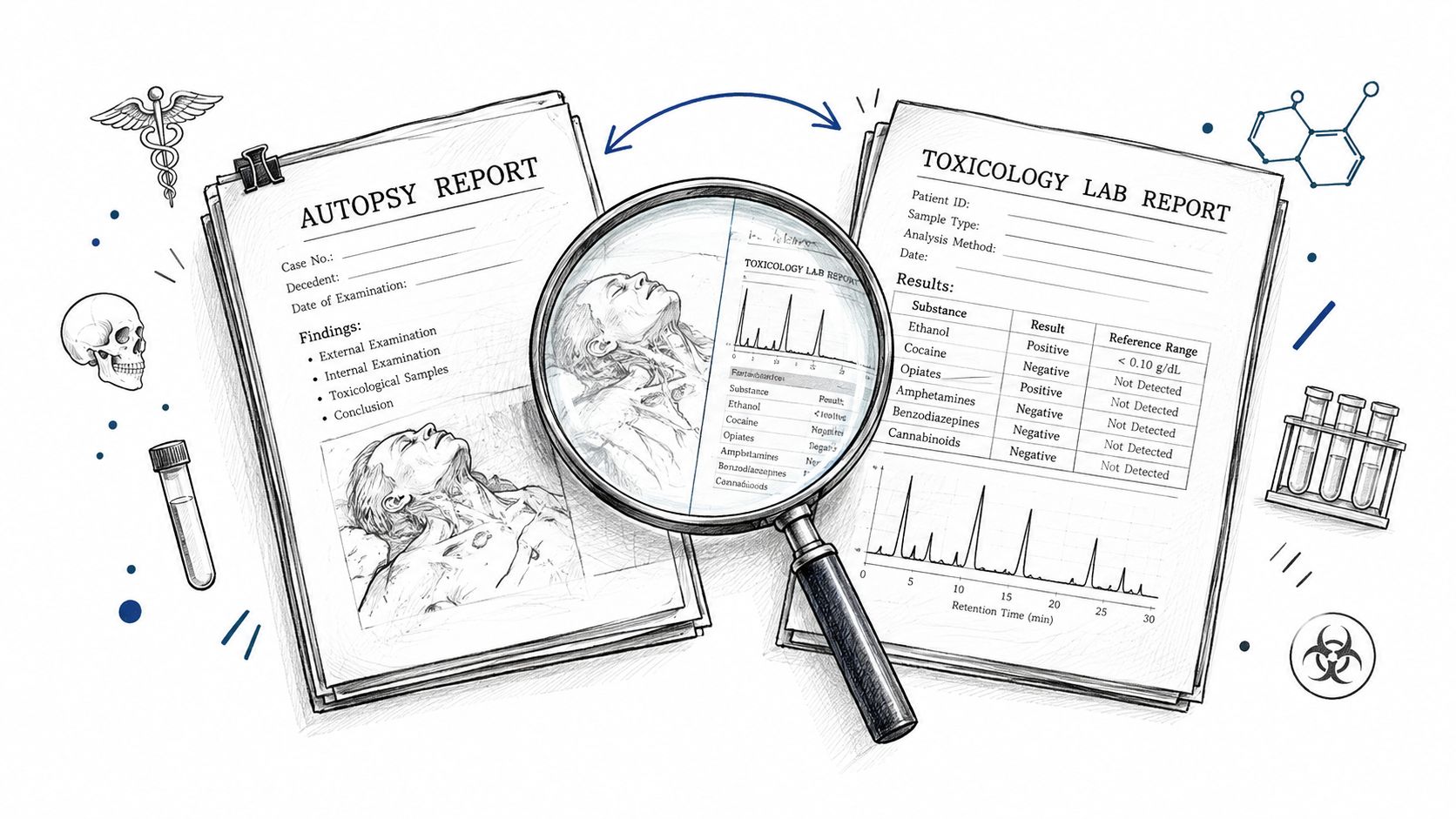A detailed illustration showing an autopsy report and a toxicology lab report with a magnifying glass.