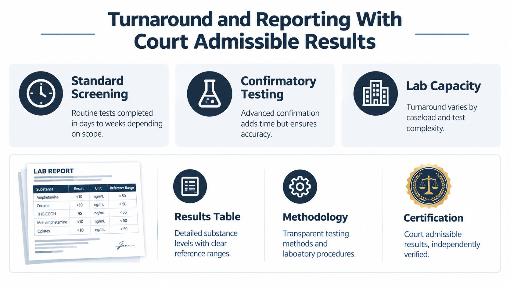 An infographic detailing forensic toxicology turnaround and reporting, including standard screening, confirmatory testing, and court admissible lab results.