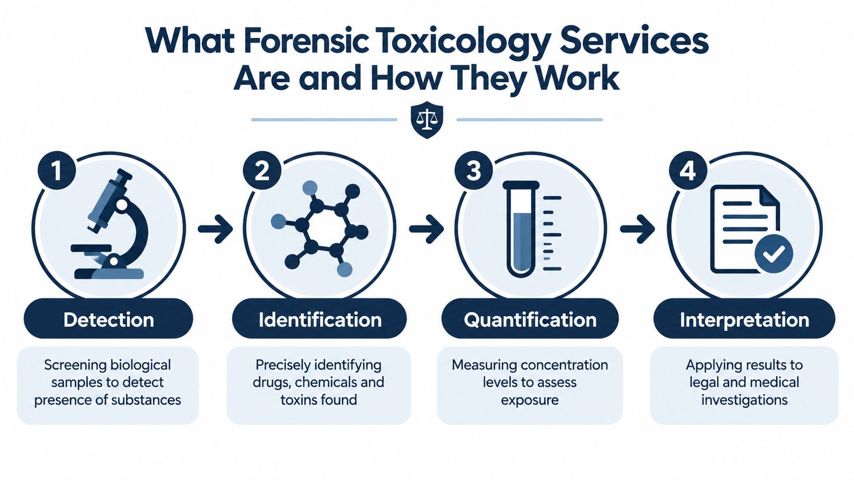 An infographic showing the four-step process of forensic toxicology services: detection, identification, quantification, and interpretation.