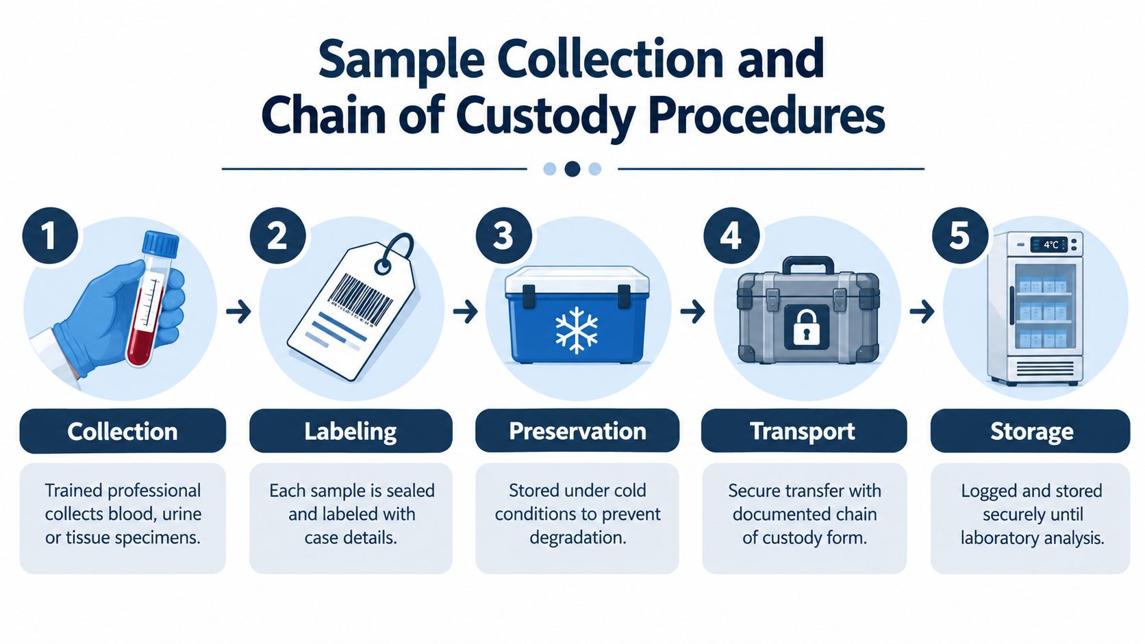 A five-step infographic detailing the professional procedures for medical sample collection, labeling, preservation, secure transport, and laboratory storage.