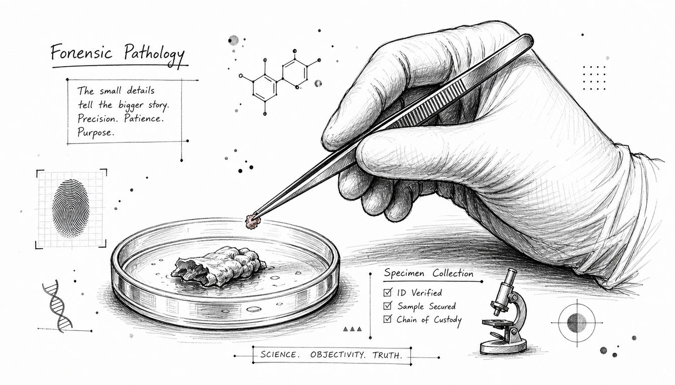 A detailed charcoal-style illustration showing a gloved hand handling a tissue sample in a forensic laboratory setting.