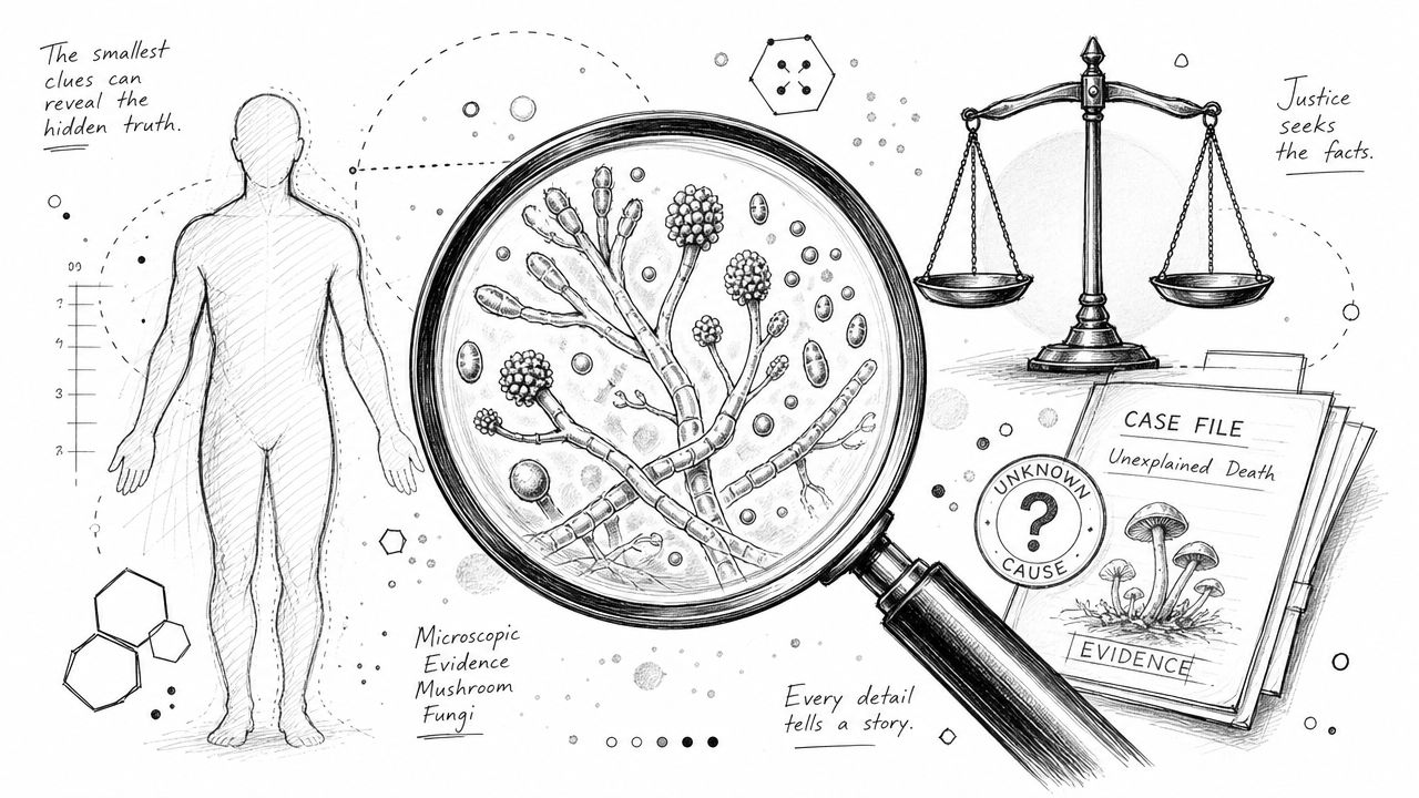 A forensic investigation sketch showing a human silhouette, magnified fungal spores, a scale of justice, and a case file.