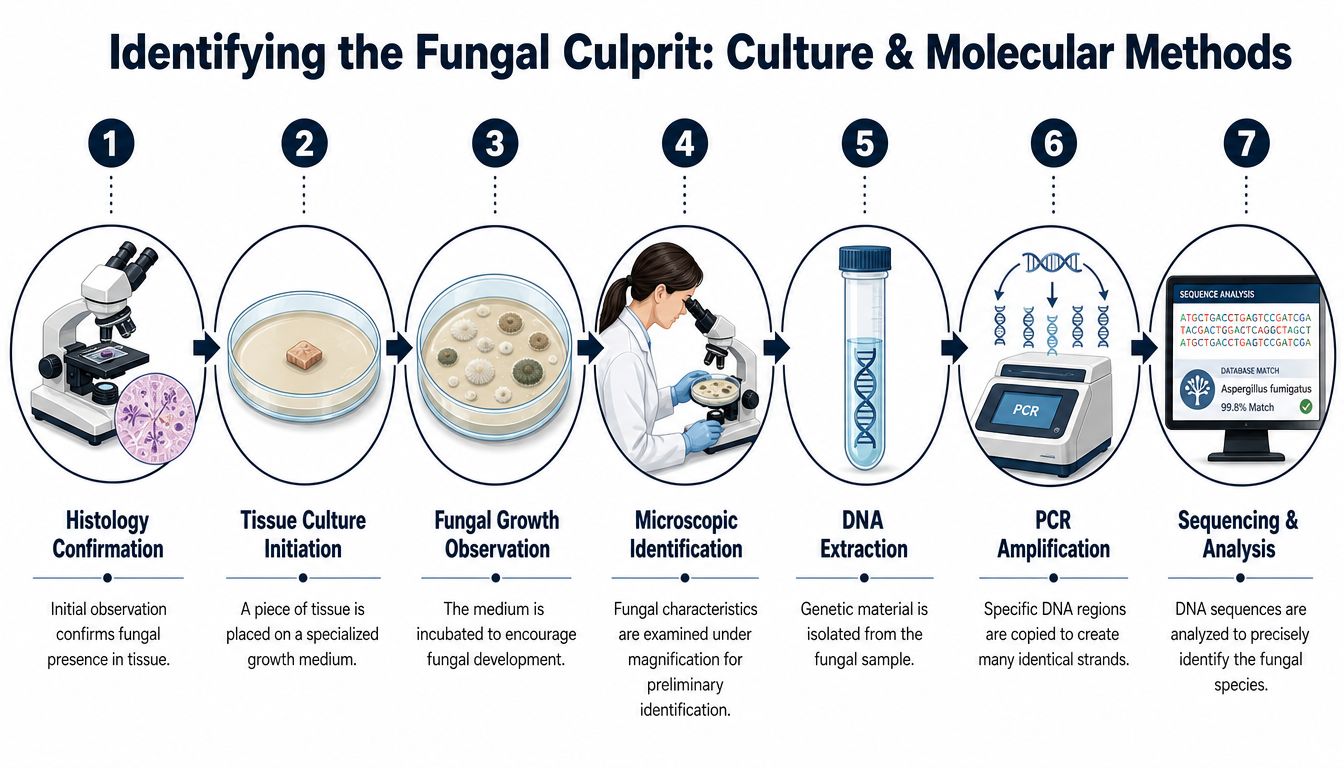 A diagram illustrating the seven-step process of identifying fungal infections through culture and molecular laboratory methods.
