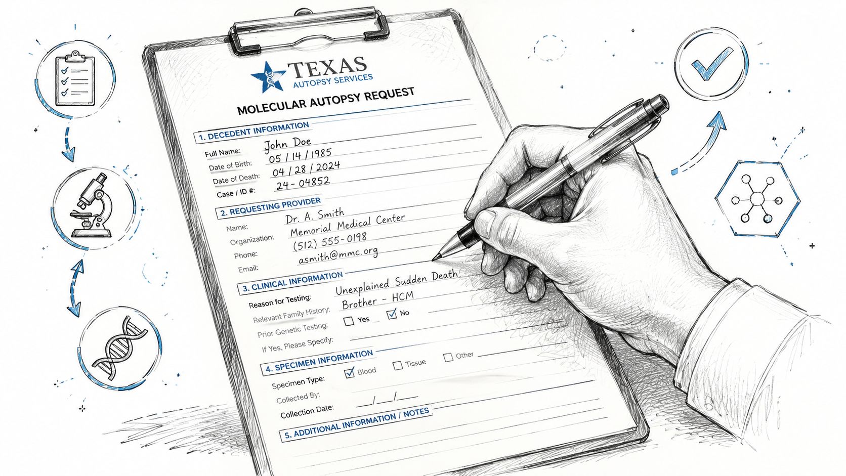 A hand filling out a molecular autopsy request form for Texas Autopsy Services with medical icons nearby.