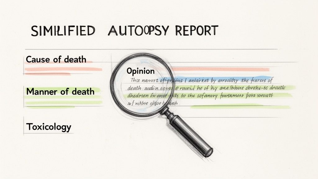 A simplified autopsy report form with a magnifying glass over the unreadable opinion section, highlighting cause and manner of death.