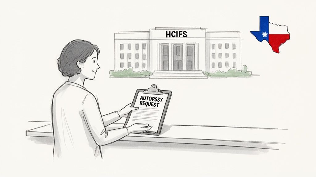 A person holds an autopsy request form, with the HCIFS building and a Texas map in the background.