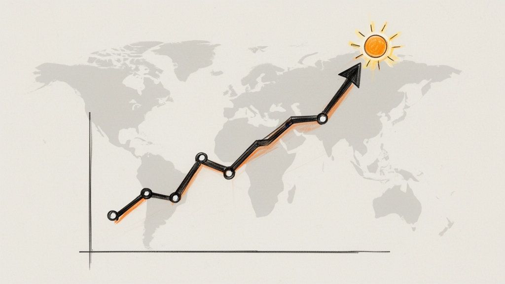 Hand-drawn line graph on a world map showing an upward trend towards a shining sun, symbolizing growth and success.