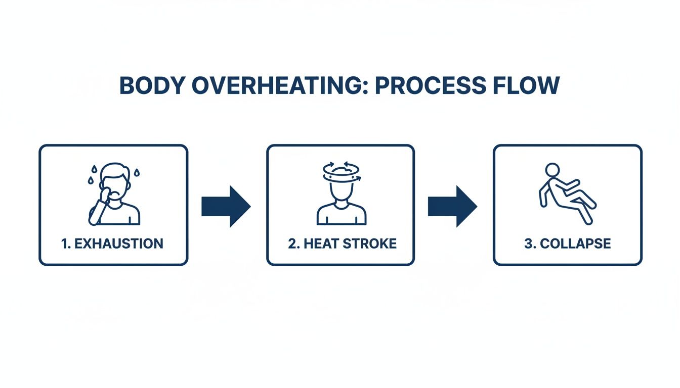 A diagram illustrating the progression of body overheating from exhaustion to heat stroke and finally collapse.