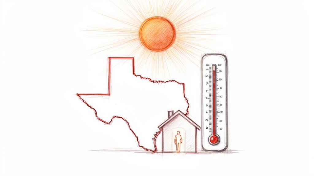 Illustration of the state of Texas under a hot sun, with a house and person, and a thermometer showing high temperatures.
