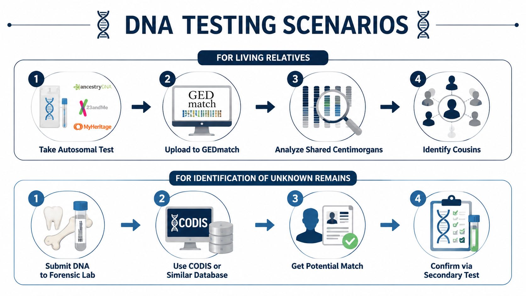 An infographic showing step-by-step processes for finding living relatives or identifying unknown remains using DNA testing.