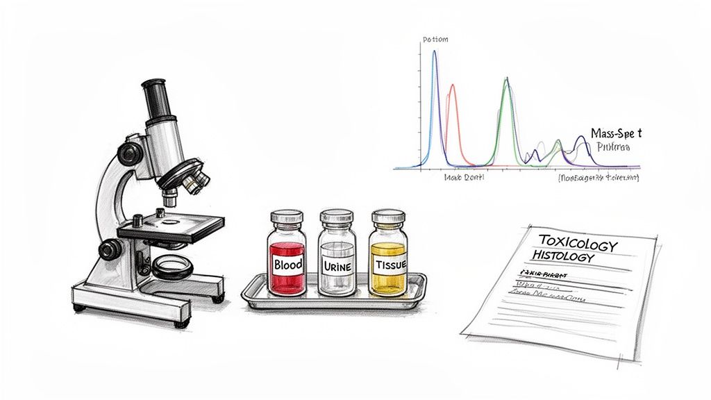 An illustration of a microscope, blood, urine, tissue samples, a mass spectrum graph, and a toxicology histology report.