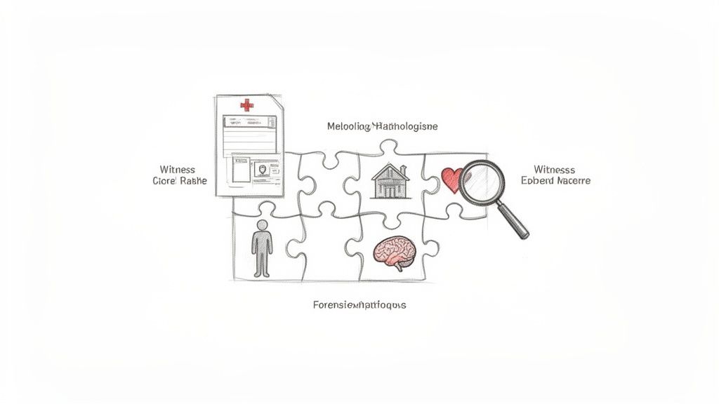 A forensic investigation concept illustrated with interconnected puzzle pieces, symbols, and descriptive text.