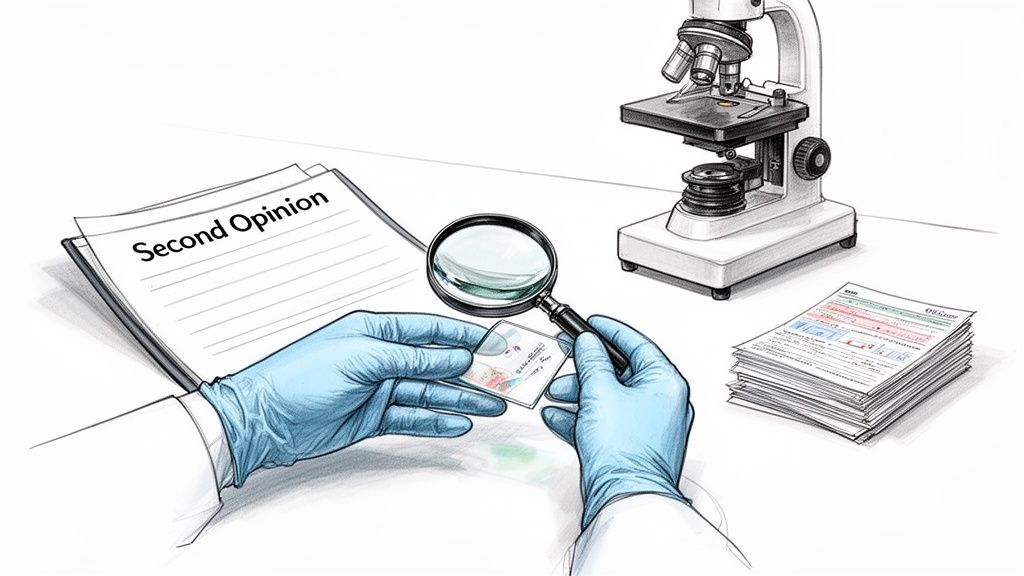 A person wearing blue gloves uses a magnifying glass to examine a medical slide, near a microscope and documents.
