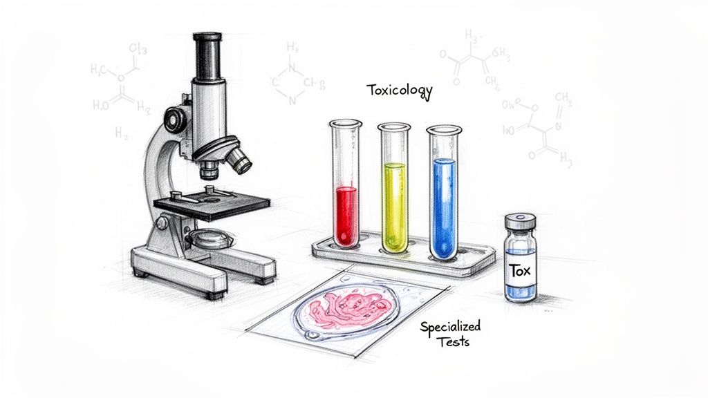 A detailed sketch of a toxicology lab, featuring a microscope, colorful test tubes, and a 'Tox' vial.