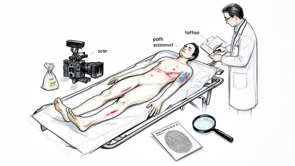 A forensic examination of a body on a gurney, with a doctor, camera, scars, tattoos, and fingerprint evidence.